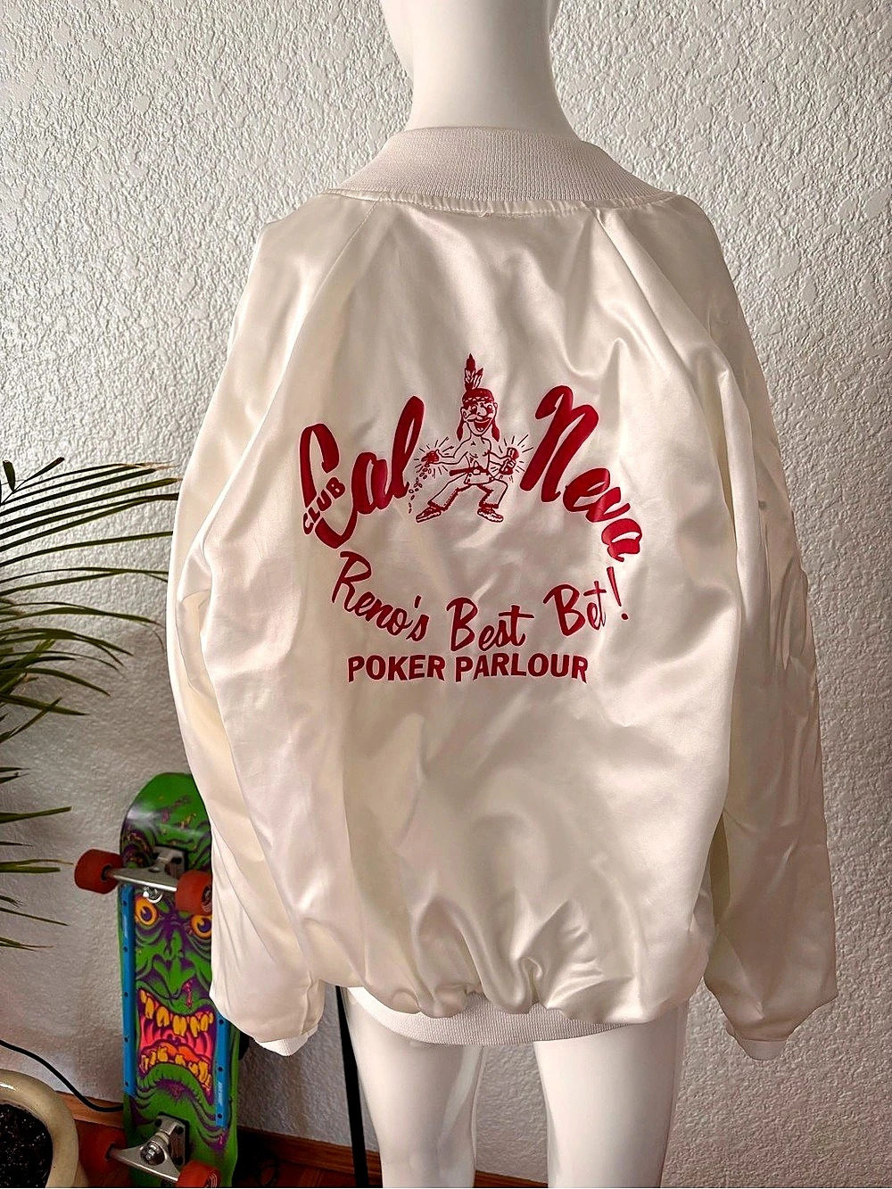 Vintage Auburn Sportswear Club Cal Neva Reno White Satin Bomber Jacket - Made in